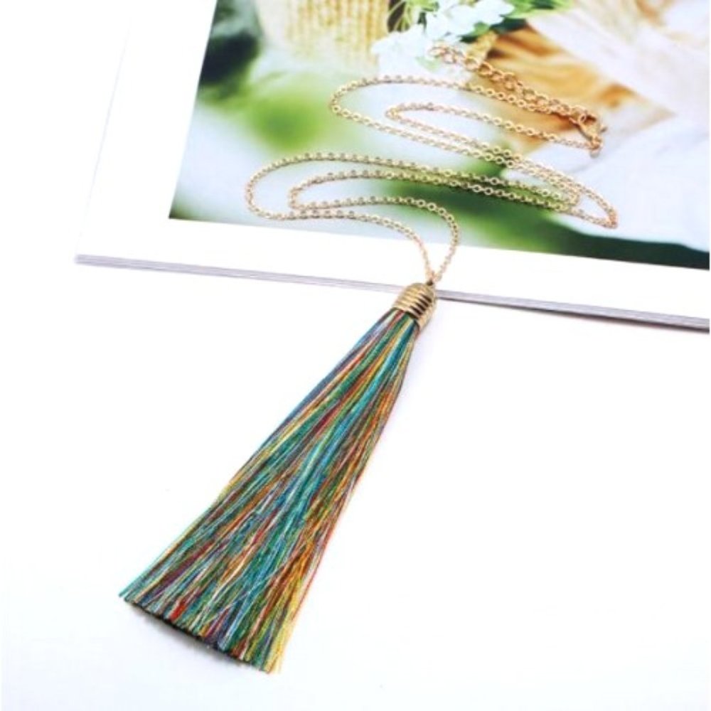Long Gold Tone  Multicolor Fringe Pendant Necklace